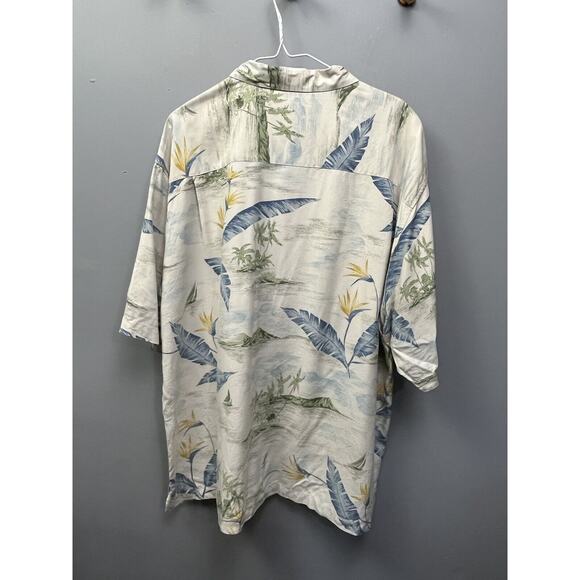 Paradise Blue Men's Hawaiian Shirt Size XXL 100% Silk Short Sleeve Tan Blue - Picture 2 of 8